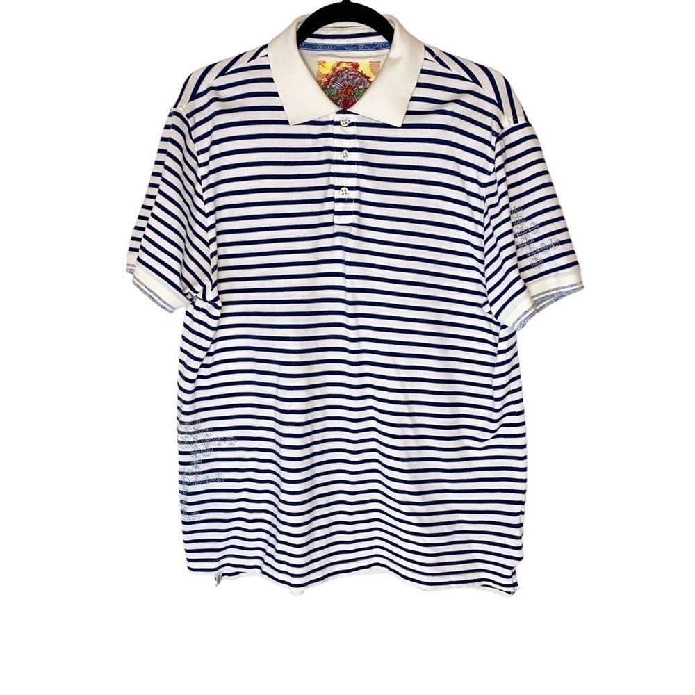 Robert Graham Blue White Stripe Embroidered Polo Shirt Medium